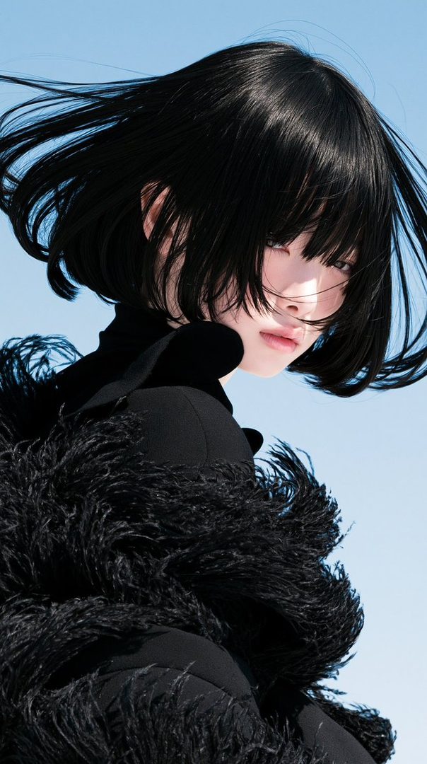 A portrait of a person with short black hair and bangs, wearing a black coat with feather trim, against a clear blue sky.