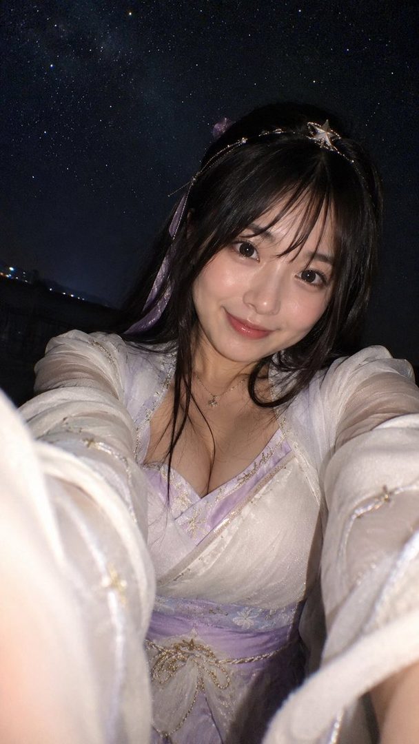 A young East Asian woman in a white and purple traditional dress smiles at the camera under a starry night sky.