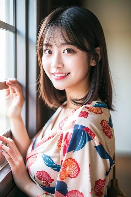 A beautiful AI-generated East Asian woman with short black hair and bangs, wearing a floral yukata, smiles gently while looking out a window.