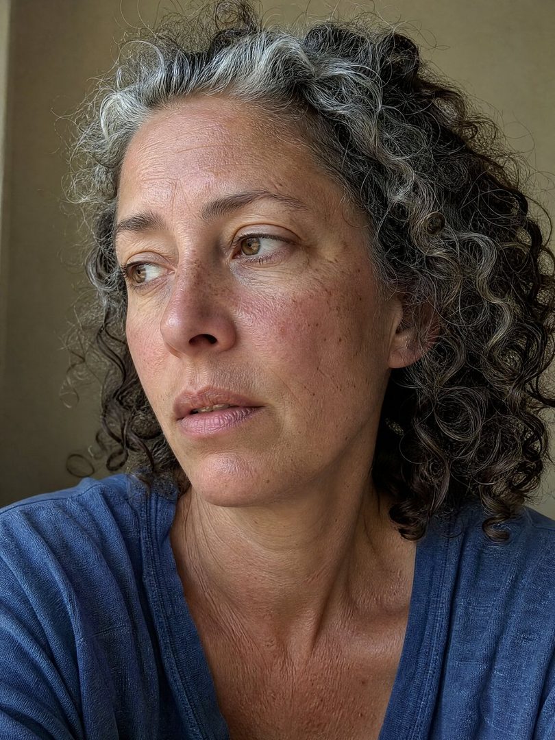 Close-up portrait of a middle-aged woman with curly gray and dark hair, looking to the side with a thoughtful expression, wearing a blue v-neck shirt.