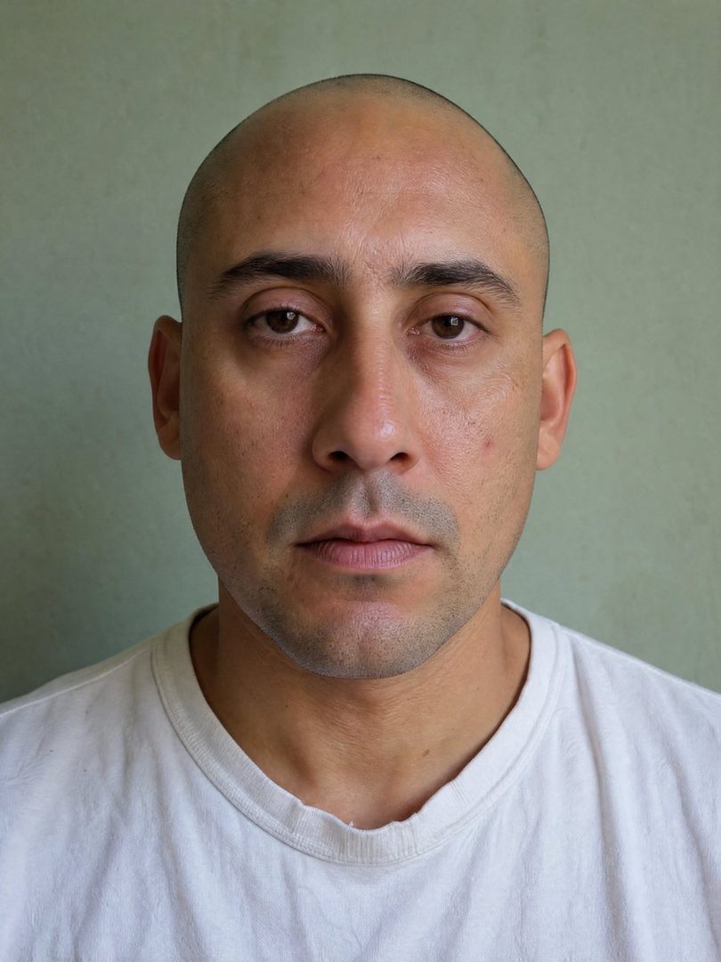 A photorealistic portrait of a bald man with a shaved head and a white t-shirt, looking directly at the camera with a neutral expression.
