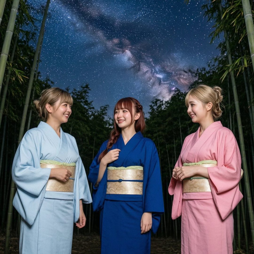 Three young women in colorful kimonos stand in a bamboo forest under a starry night sky, smiling at each other.