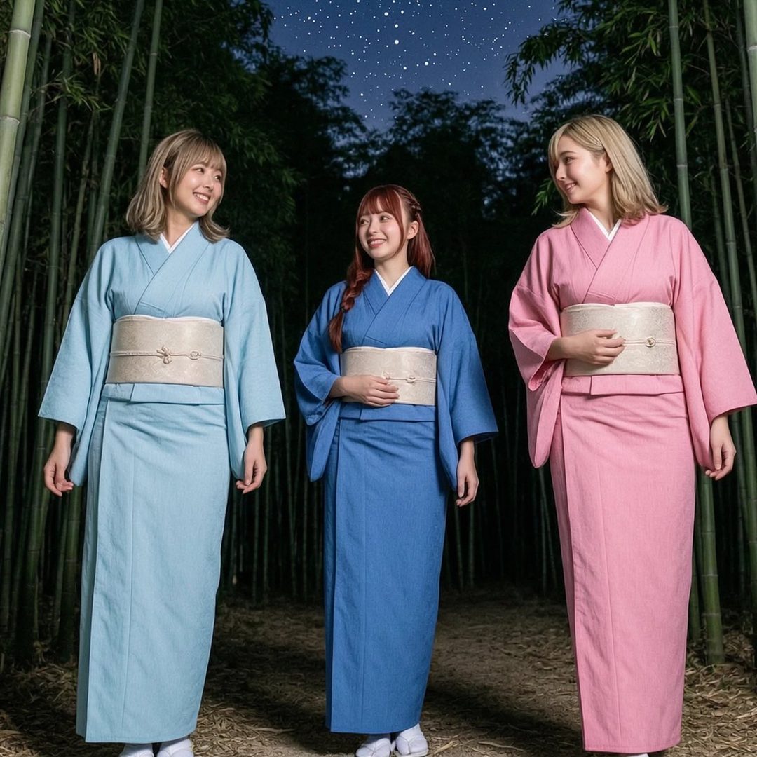 Three young women in light blue, blue, and pink kimonos stand in a bamboo forest at night under a starry sky.
