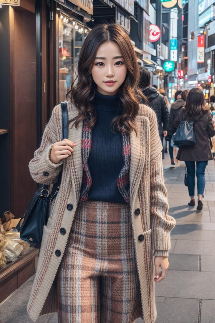 A young East Asian woman with long brown hair, wearing a plaid coat and skirt, stands on a city street.