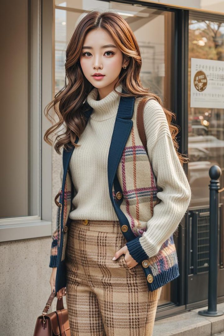 A young East Asian woman with long, wavy brown hair, wearing a cream turtleneck sweater, a plaid vest, and plaid pants, stands outdoors in front of a building.