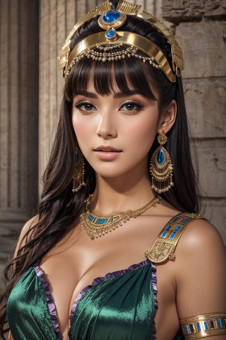 A photorealistic AI-generated portrait of a woman dressed as Cleopatra, wearing elaborate gold jewelry and a green dress, with a regal and elegant expression.