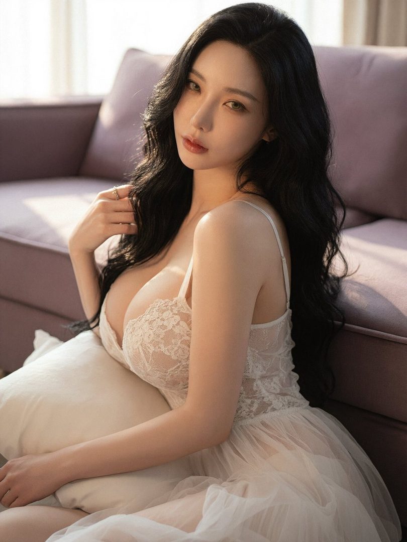 A beautiful East Asian woman with long black hair, wearing a white lace lingerie set, posing indoors.