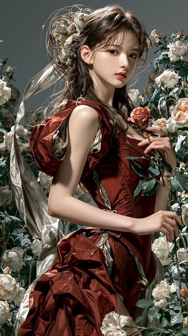 A photorealistic portrait of a young woman with long brown hair, wearing an elegant red dress, holding a rose, surrounded by flowers.