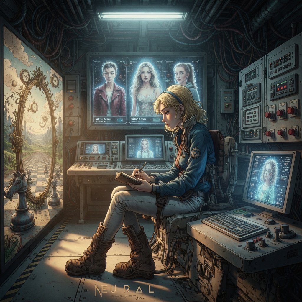 A young woman with blonde hair sits in a futuristic control room, writing in a notebook while looking at multiple screens displaying other people.
