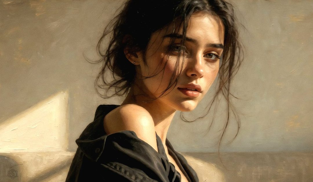 A photorealistic portrait of a young woman with dark, messy hair, looking thoughtfully into the distance, bathed in soft, natural light.
