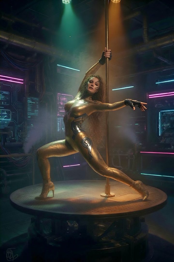 A woman in a gold metallic bodysuit performs a pole dance in a futuristic, neon-lit club.