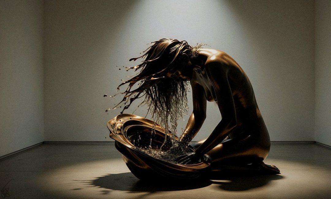 A bronze-skinned woman with long, wet hair is kneeling and splashing water from a large, ornate basin, captured in a dramatic, studio-lit portrait.