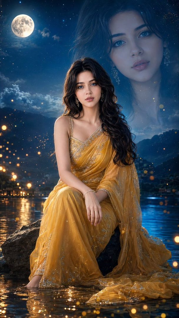 A serene young woman in a yellow saree sits by reflective water under a moonlit night sky with bokeh lights.