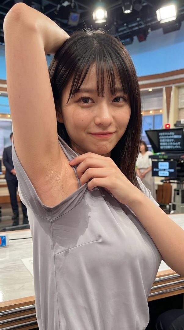A young woman with bangs and dark hair lifts her arm, revealing sweat stains on her shirt.