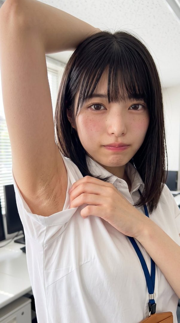 A young East Asian woman with short black hair and bangs, wearing a white collared shirt, poses with her arm raised, revealing her armpit. She has a slight smile and freckles on her face. The background appears to be an office setting.