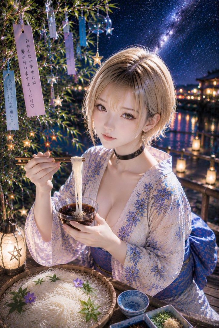 A young Japanese woman with short blonde hair, wearing a yukata, eats noodles under a starry night sky with Tanabata decorations.