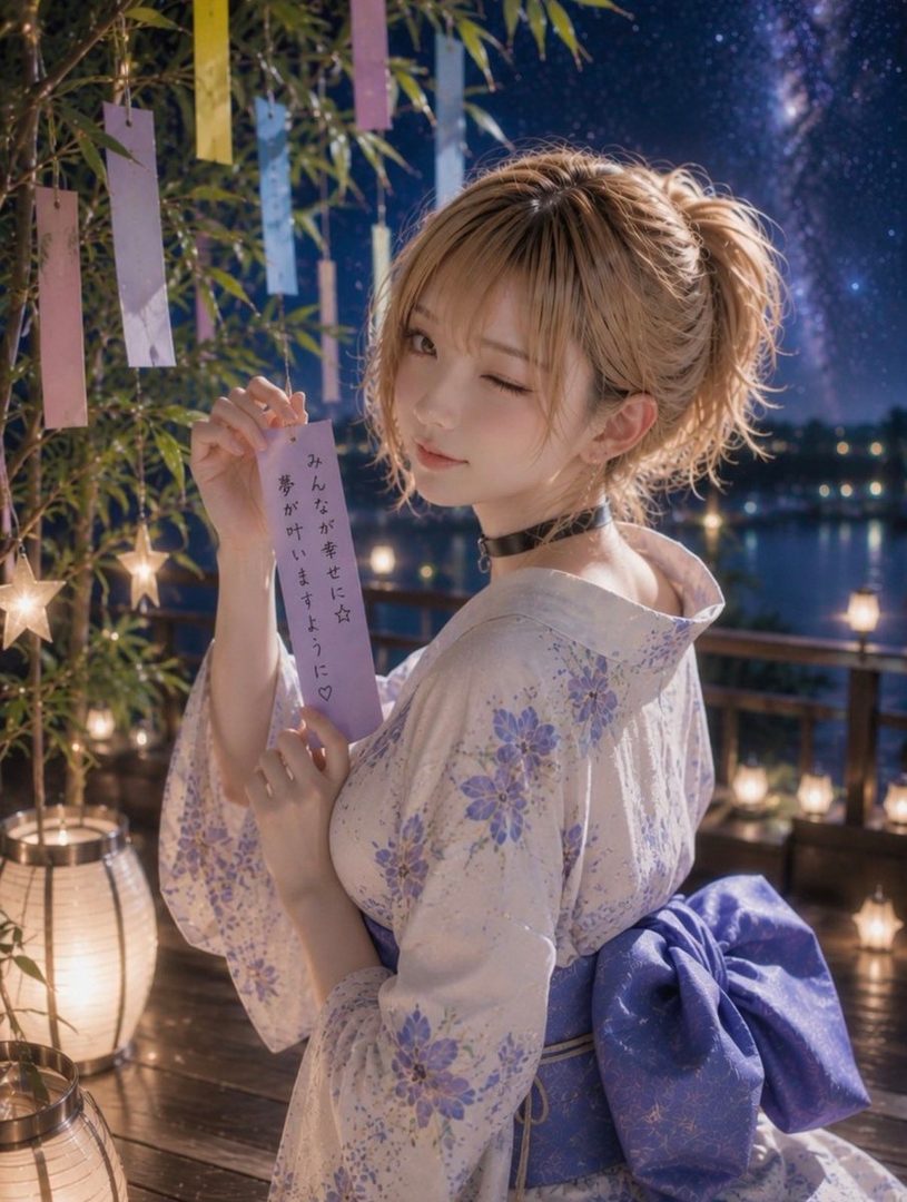 A young woman in a yukata winks at the camera, holding a Tanabata wish strip under a starry night sky.