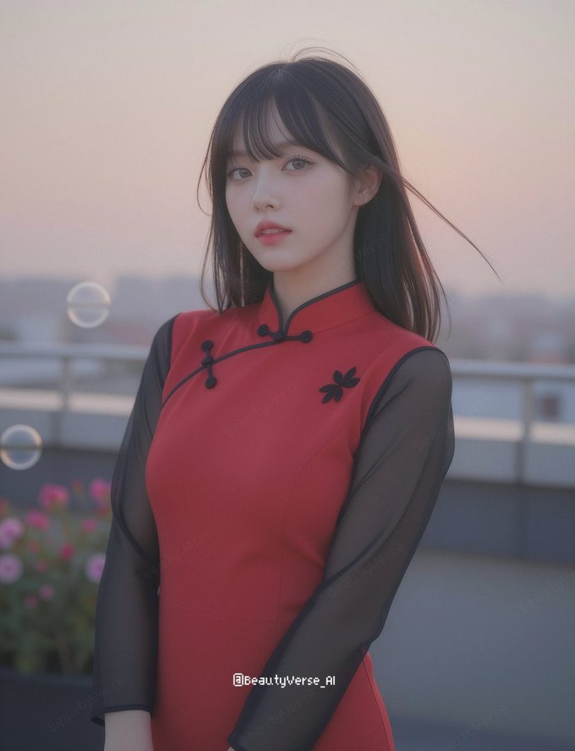 A young woman with long black hair and bangs wears a red dress with sheer black sleeves, posing outdoors during golden hour.