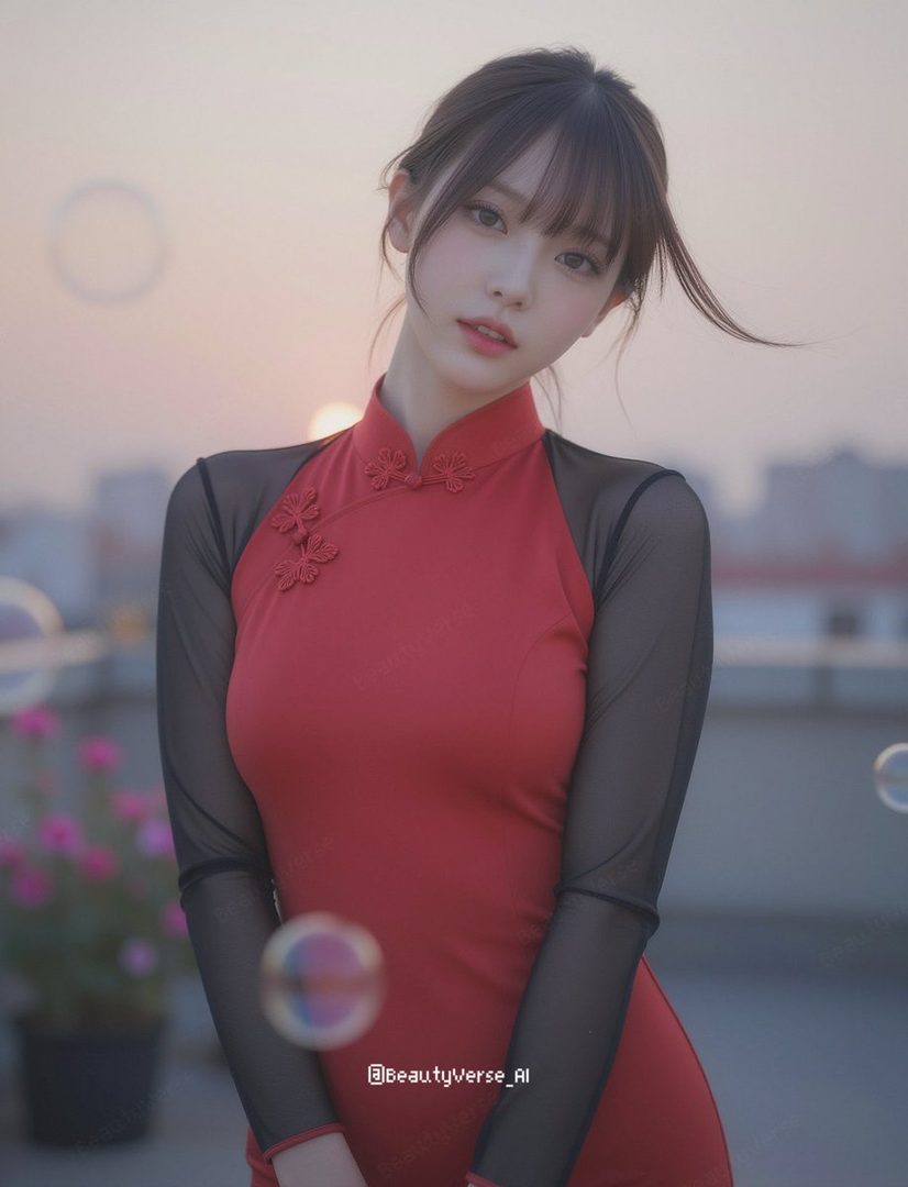 A beautiful East Asian woman in a red dress with sheer black sleeves poses on a rooftop at golden hour, with bubbles floating around her.