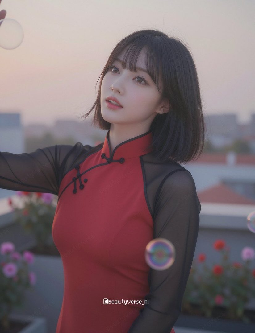 A young East Asian woman with short black hair and bangs, wearing a red and black dress, stands on a rooftop at golden hour, blowing bubbles.