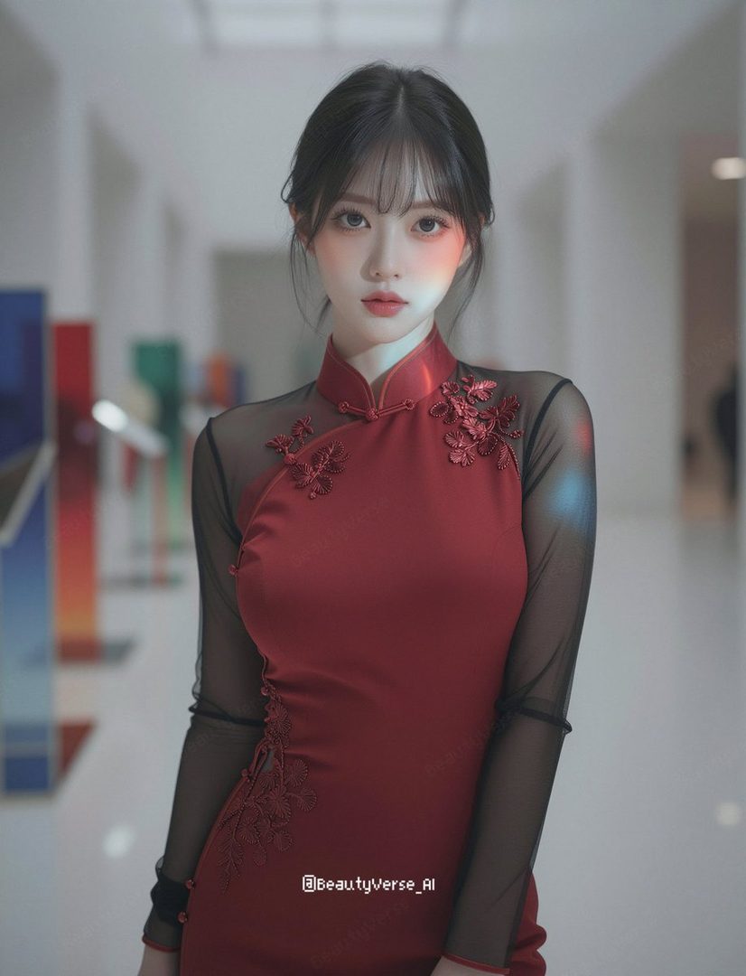A beautiful East Asian woman in a red traditional-style dress with sheer black sleeves poses indoors.