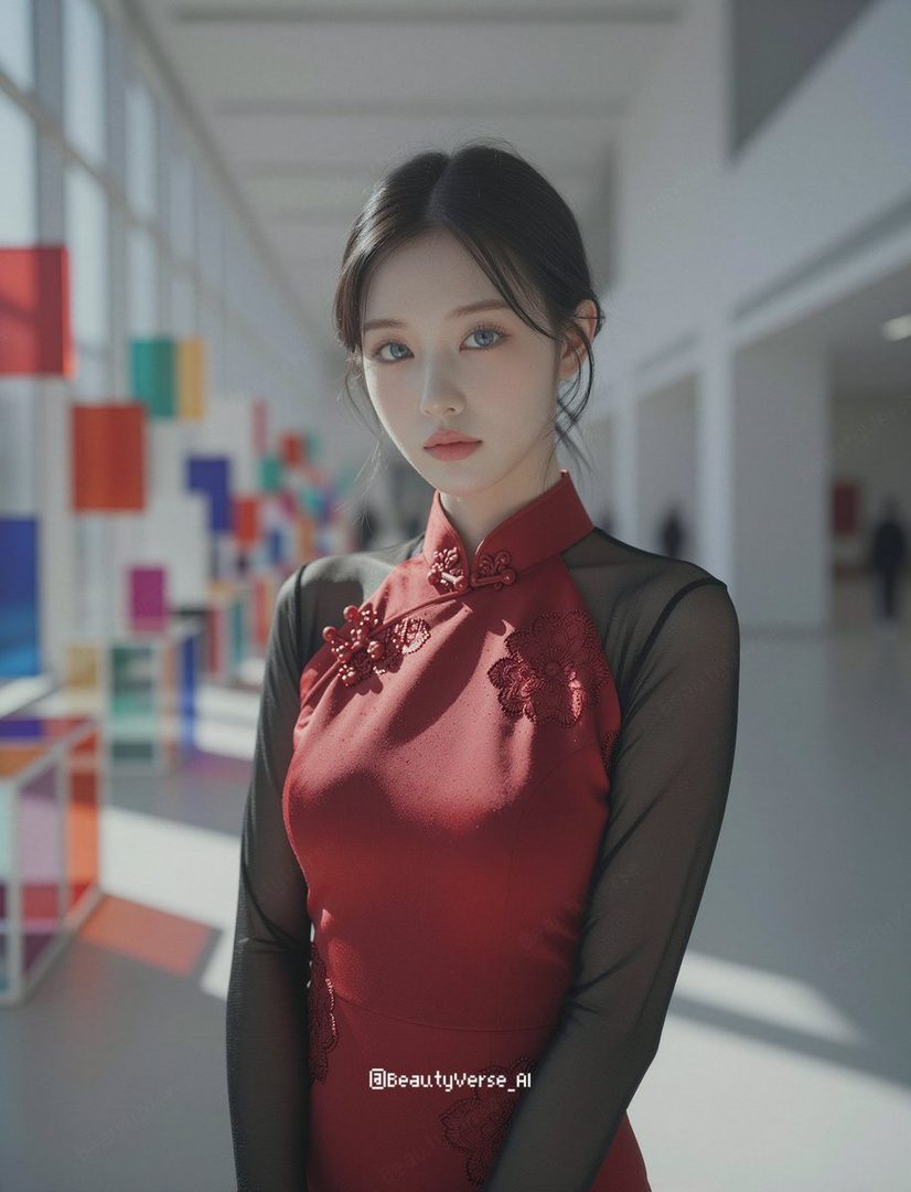 A beautiful East Asian woman in a red traditional-style dress with sheer black sleeves poses elegantly indoors.