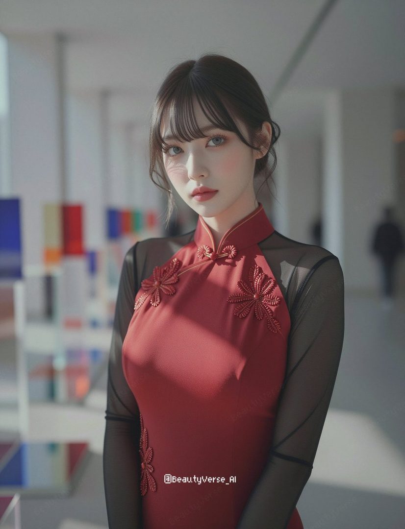 A photorealistic portrait of an East Asian woman with bangs, wearing a red dress with sheer sleeves, indoors.