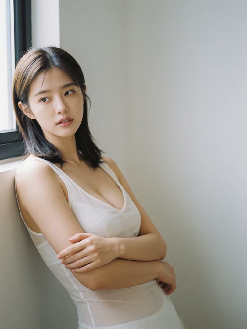 A young woman with shoulder-length dark hair, wearing a white sheer top, poses indoors near a window, looking away with a soft expression.