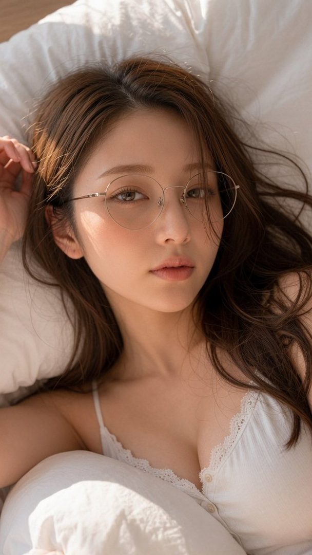 A beautiful young woman with long brown hair and glasses, wearing a white camisole, lies on a bed.