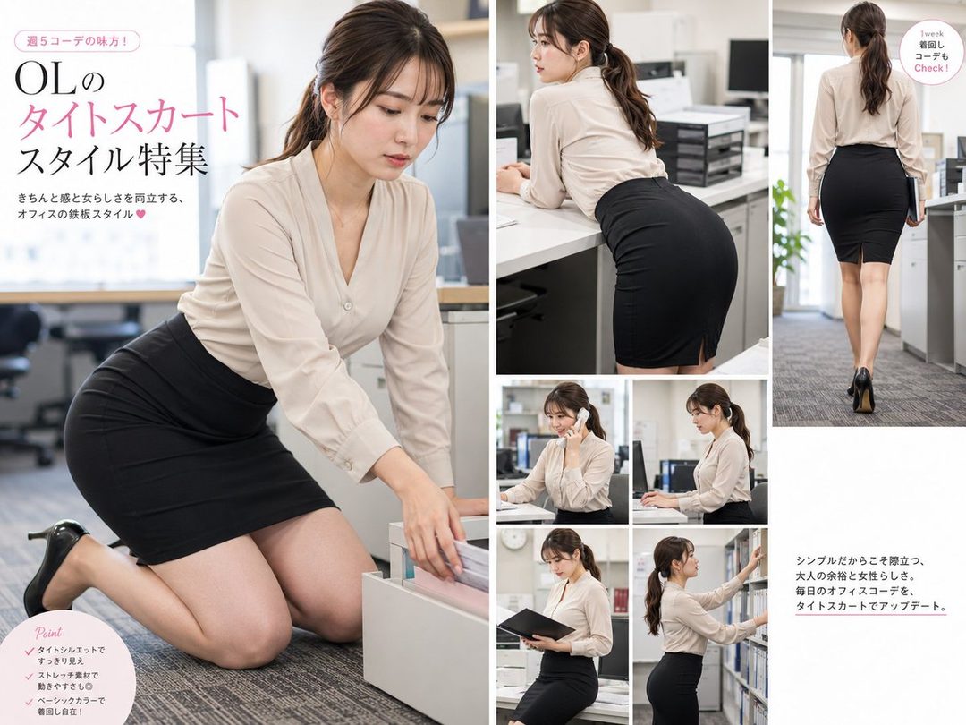 A collage of images featuring a young East Asian woman in a professional office setting, wearing a beige blouse and a black pencil skirt, showcasing various poses and office attire.
