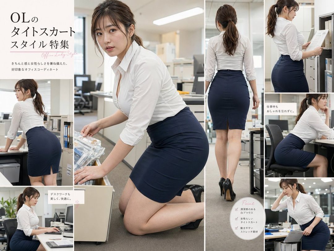 A woman in a white blouse and navy pencil skirt poses in an office setting, showcasing an office lady fashion style.