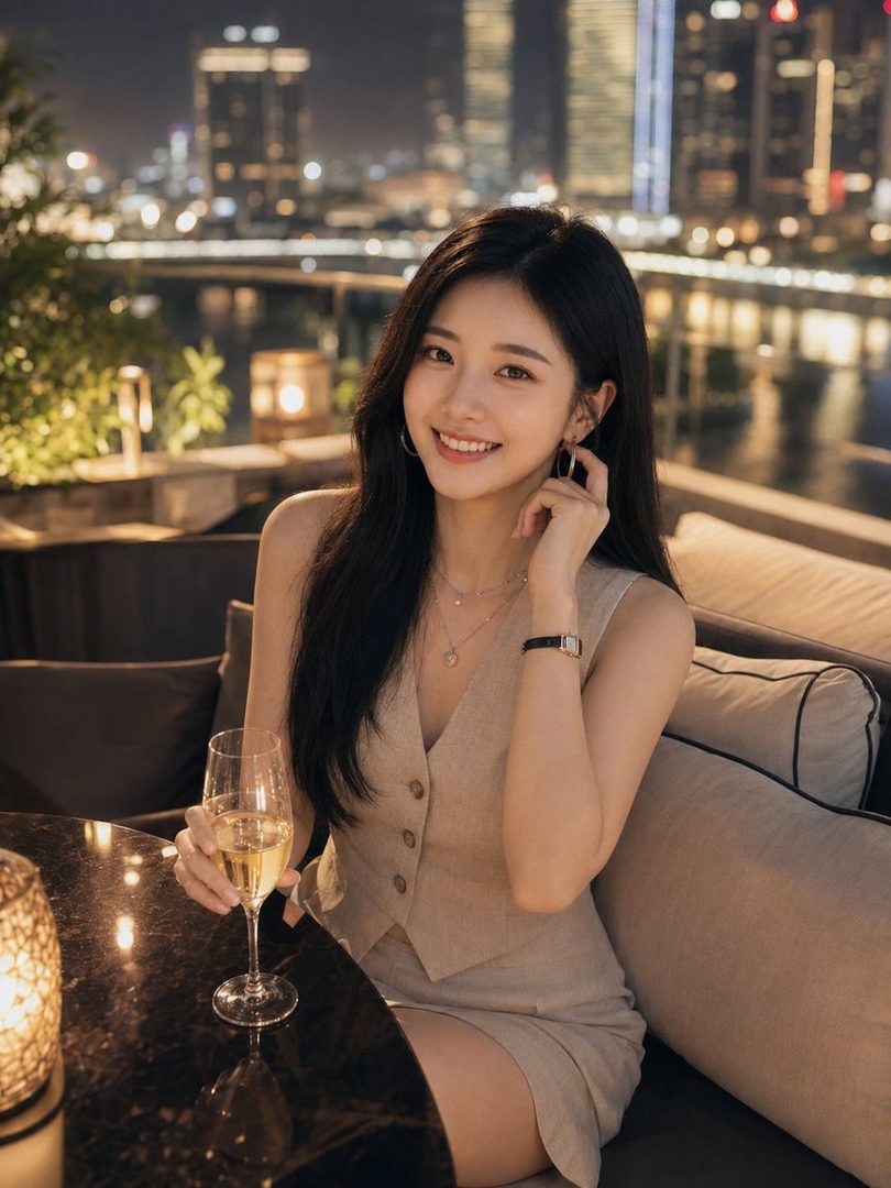 A smiling woman with long black hair sits at a rooftop bar at night, holding a glass of white wine with a city skyline in the background.
