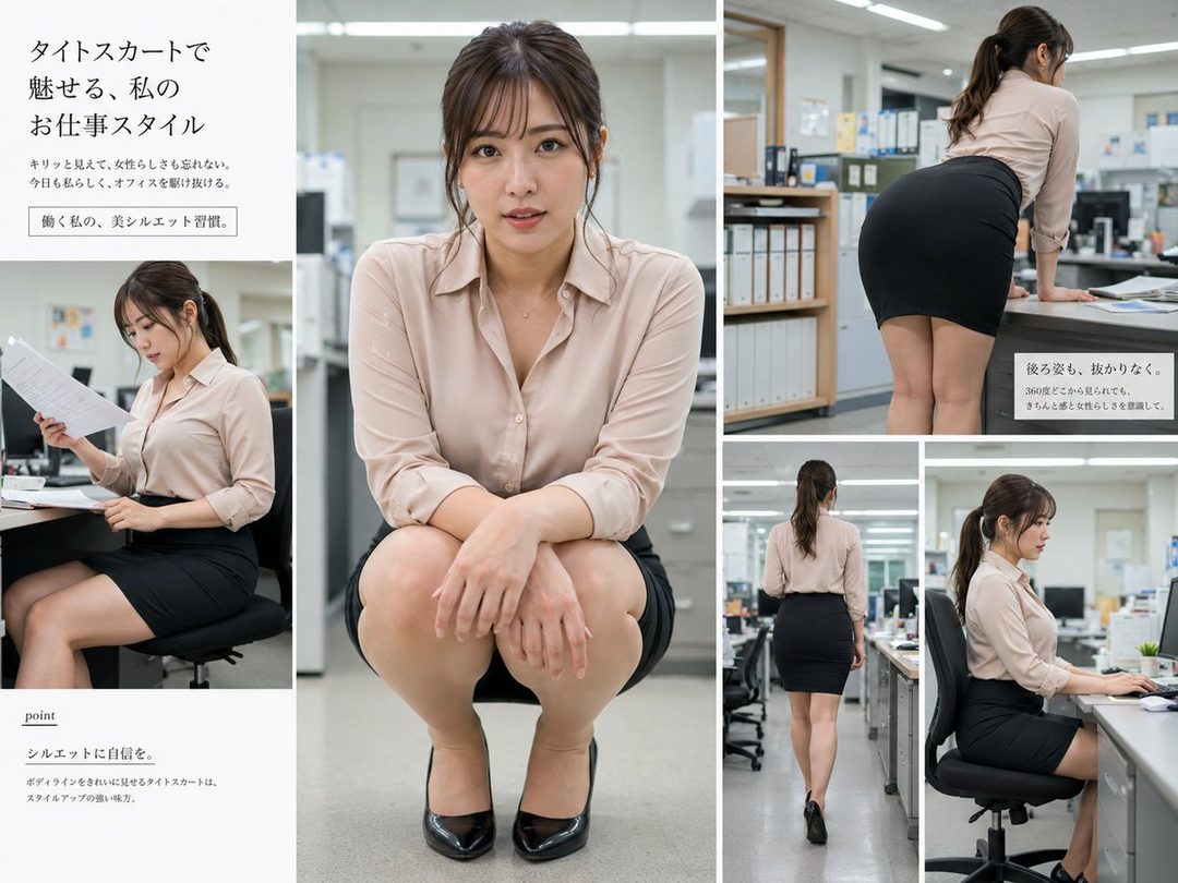A woman in a beige blouse and black skirt poses in an office setting, showcasing her professional and elegant style.