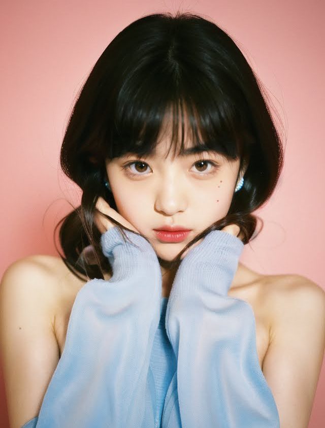 A young East Asian woman with black hair and bangs, wearing a light blue off-the-shoulder sweater, poses with her hands framing her face against a pink background.