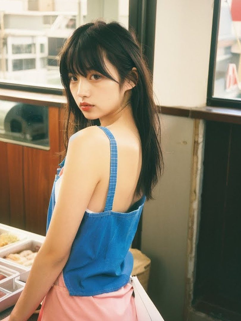 A young woman with long black hair and bangs, wearing a blue denim top and a pink skirt, looks over her shoulder.