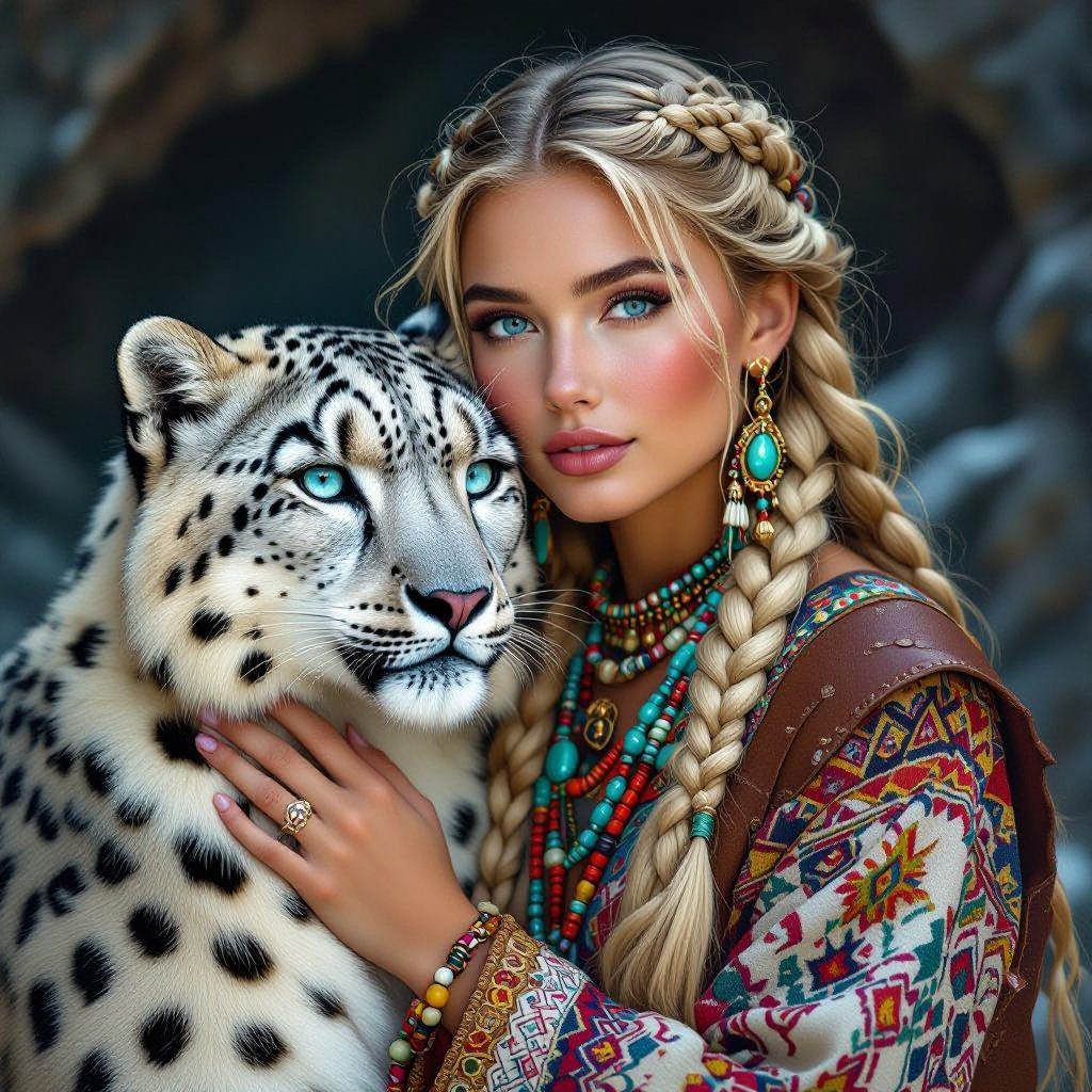 A beautiful blonde woman with blue eyes and intricate braids, posing with a snow leopard.