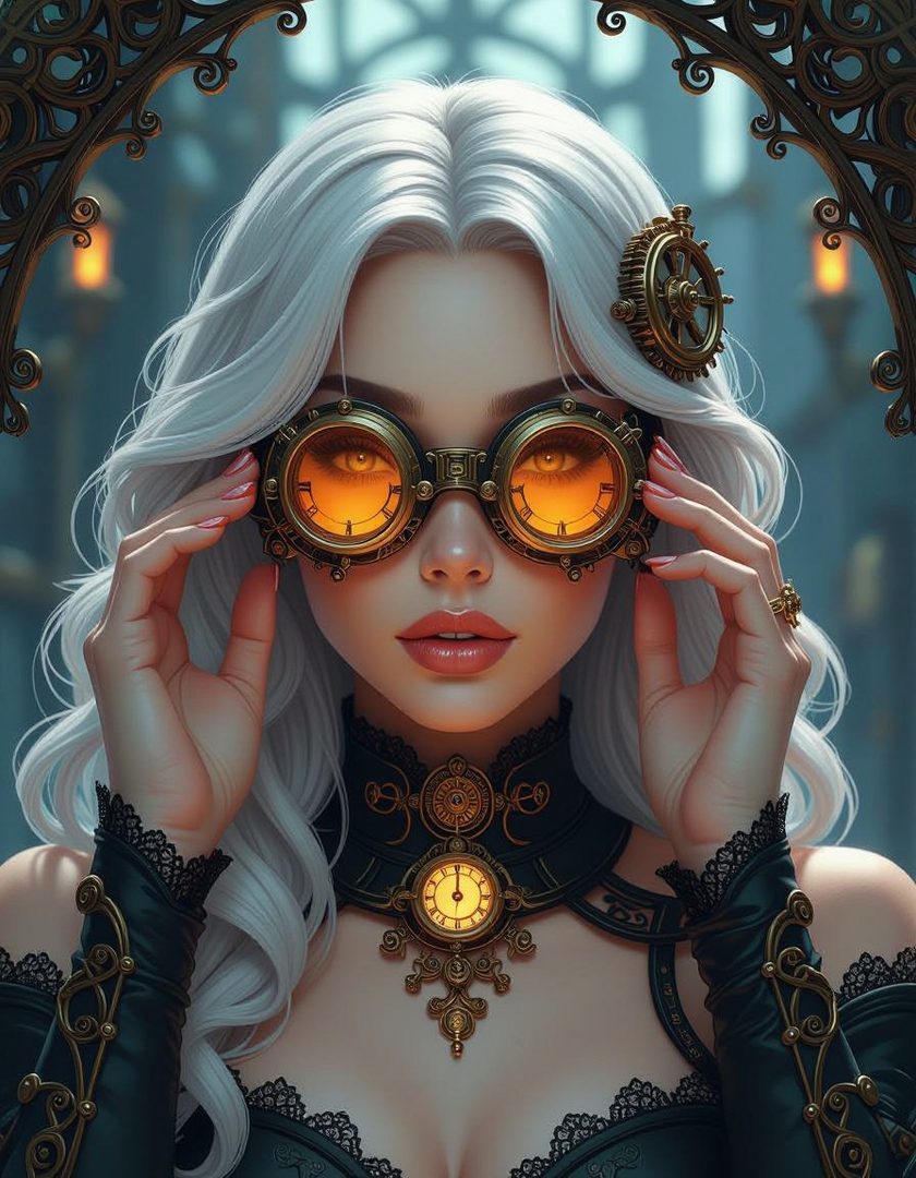 A woman with long white hair and steampunk goggles, wearing a black outfit with intricate gold details.