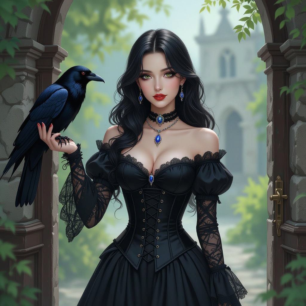 A beautiful woman with long black hair and green eyes, wearing a black gothic dress and holding a raven, standing in front of an old stone archway.