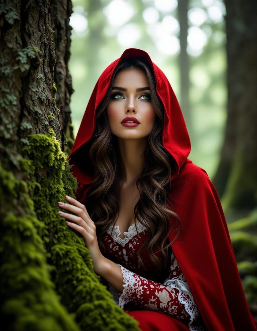 A beautiful woman with long brown wavy hair, wearing a red hooded cloak and a white-laced red dress, poses in a mossy forest.
