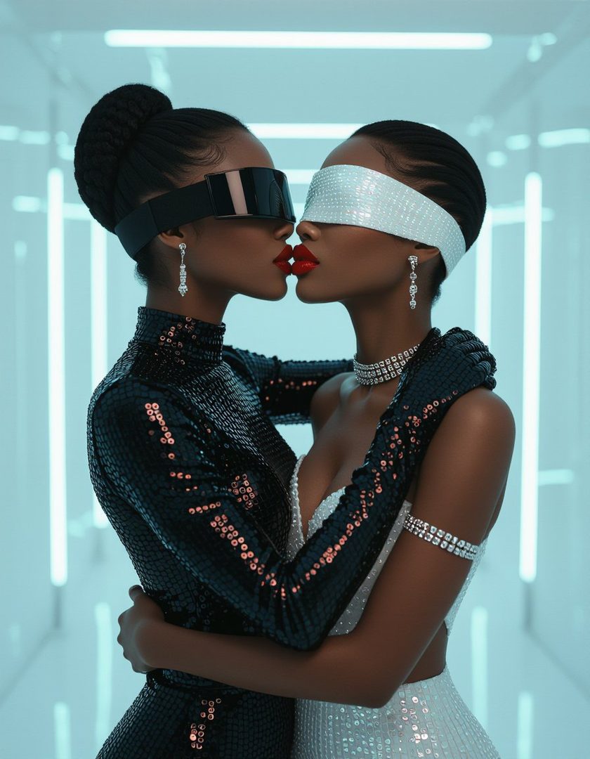 Two women in glamorous sequined outfits and futuristic sunglasses, embracing and kissing.