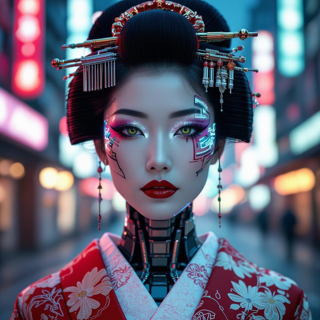 A photorealistic portrait of a geisha with cybernetic enhancements, wearing a traditional red kimono and elaborate hairstyle, set against a blurred city background with neon lights.