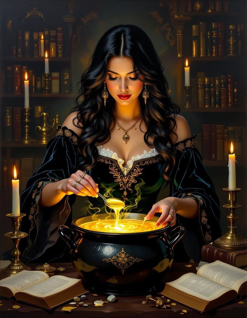 A beautiful woman with long black hair, dressed in a dark, ornate gown, is stirring a glowing potion in a cauldron in a dimly lit room filled with books and candles.