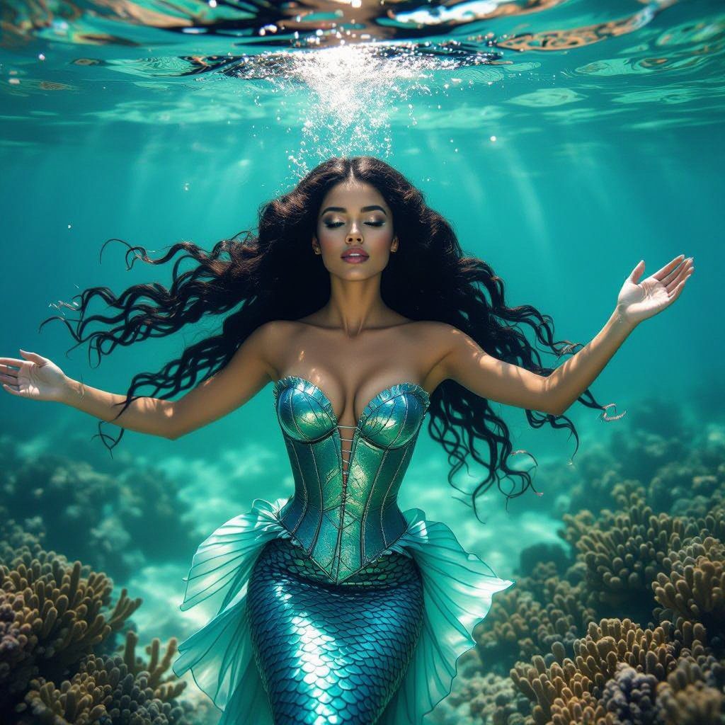 A beautiful woman with long dark hair, dressed as a mermaid, poses gracefully underwater amidst coral reefs, with sunlight filtering through the water.