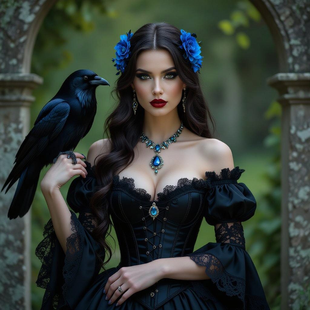 A woman in a black gothic dress with blue flowers in her hair holds a raven on her arm, posing outdoors.