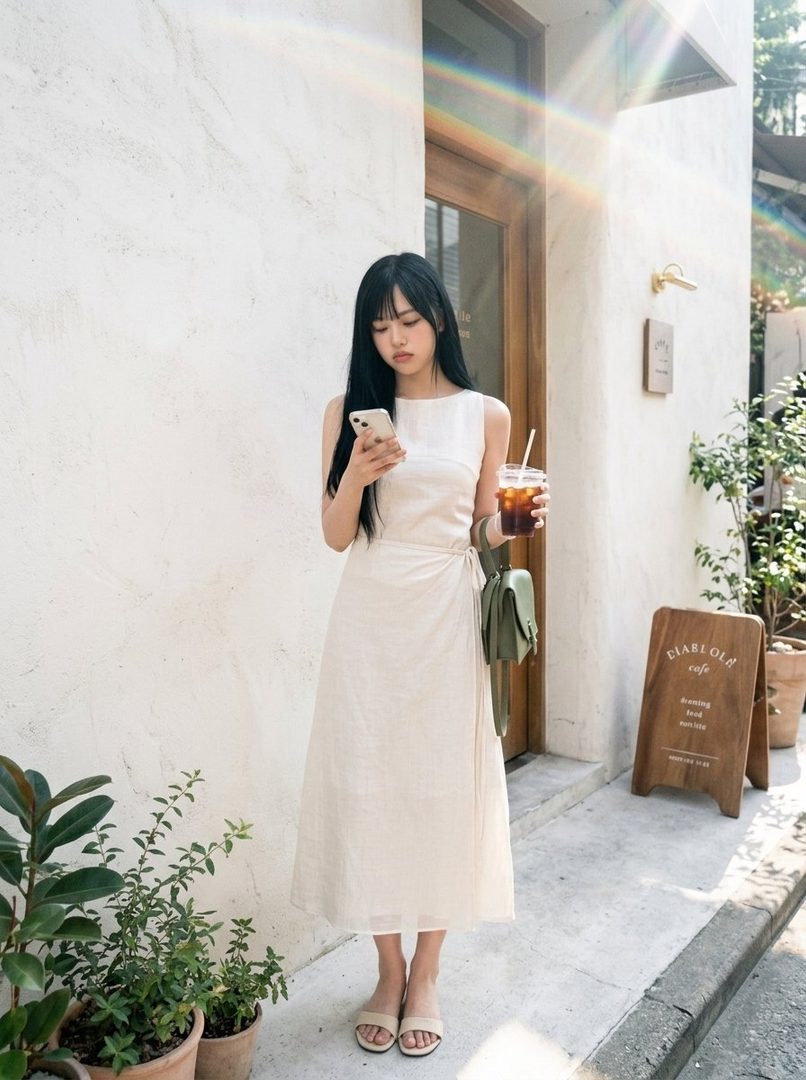 A young woman in a light-colored dress stands on a sunny street, looking at her phone while holding a drink.