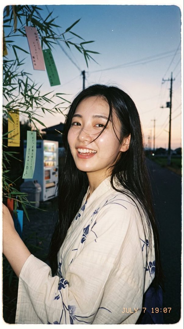 A young East Asian woman with long black hair smiles at the camera, wearing a traditional yukata with a blue floral pattern. She is outdoors at dusk, with bamboo branches adorned with colorful tanzaku papers in the foreground and a street with utility poles in the background.