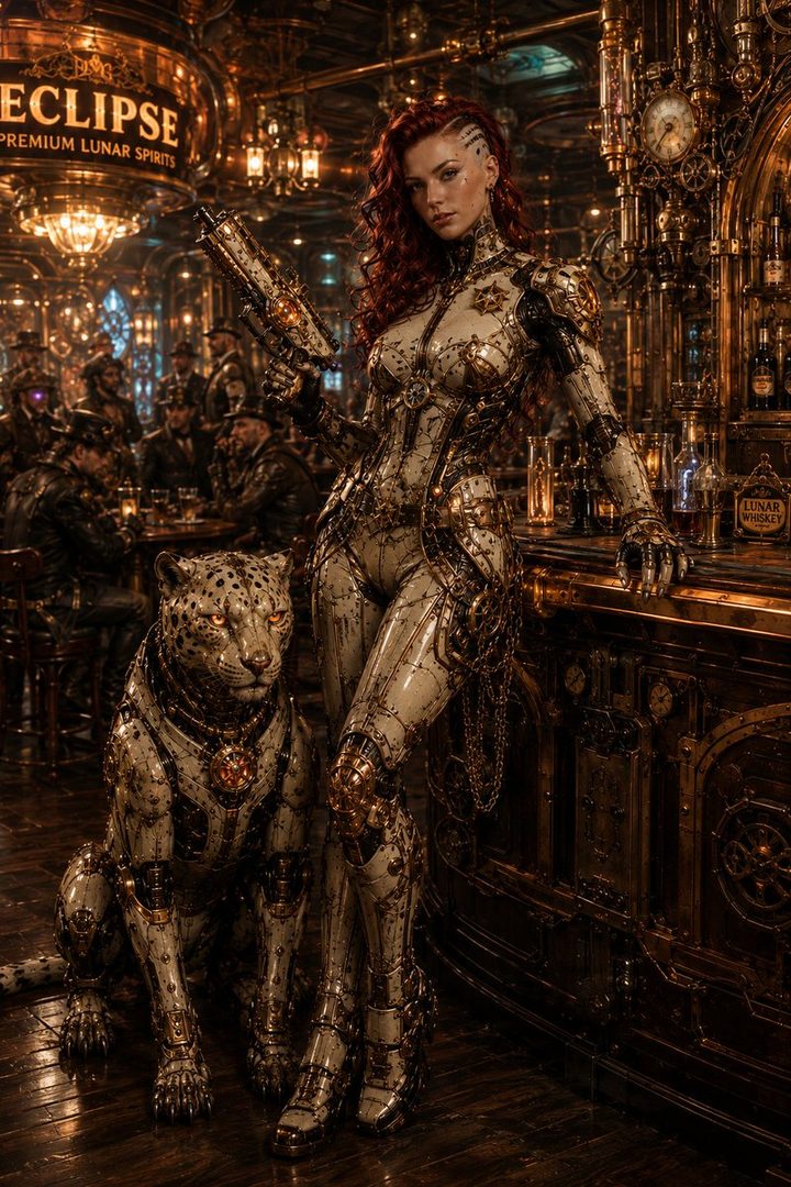 A steampunk-inspired woman with red hair and a metallic suit stands next to a robotic cheetah in a dimly lit bar.