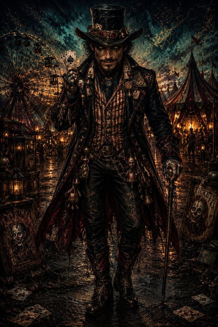 A dark, cinematic portrait of a man in a top hat and vintage circus attire, holding playing cards, with a Ferris wheel and circus tents in the background.