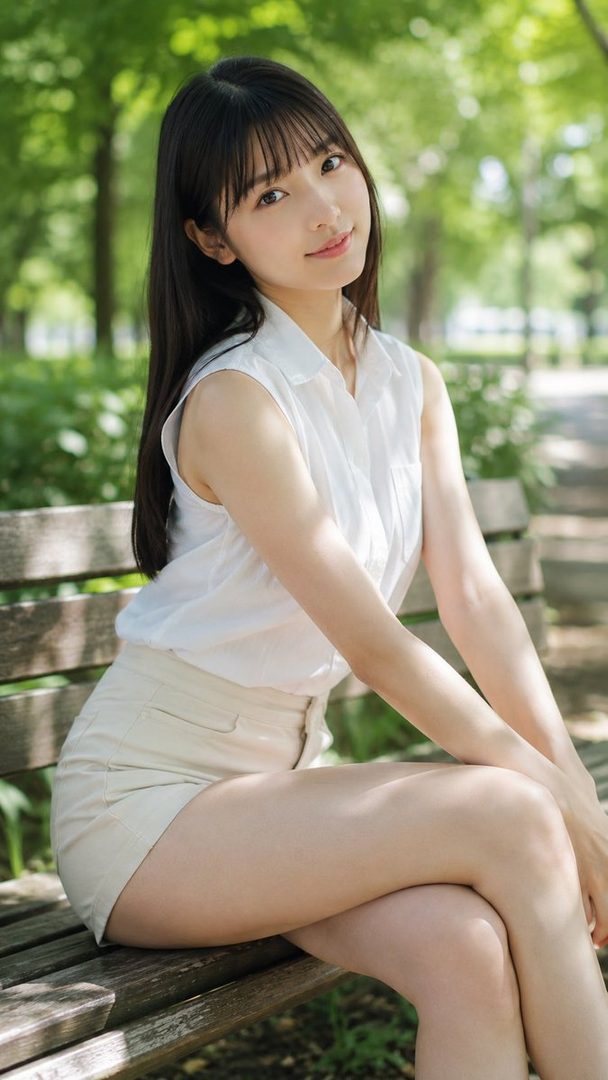 A young woman with long black hair and bangs sits on a wooden bench in a park, wearing a white sleeveless shirt and beige shorts, looking gently at the camera.