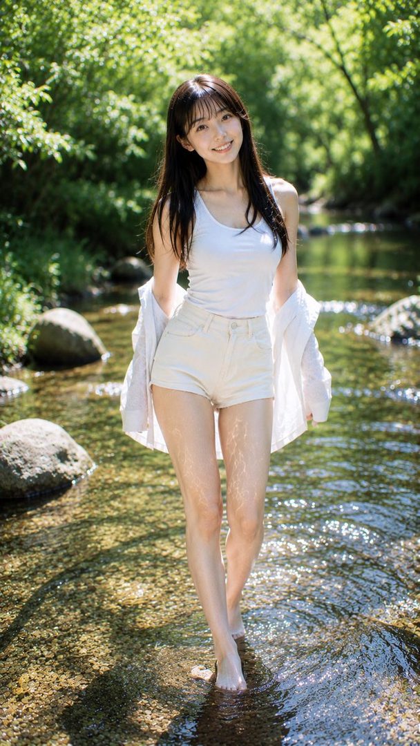A young woman with long dark hair smiles while standing barefoot in a shallow forest stream, wearing a white tank top and light shorts with a white shirt draped over her shoulders.